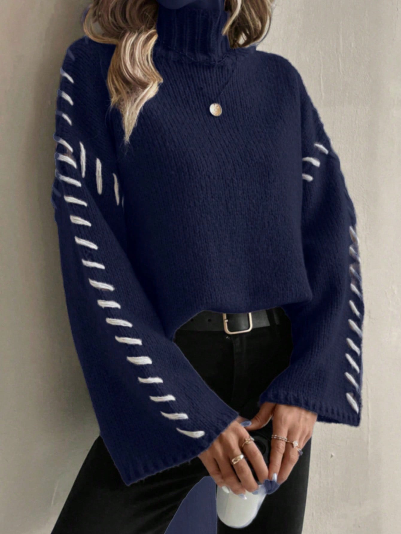 Eveloria Damen Strickpullover Patchwork Rollkragen Bunt
