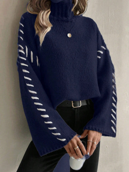 Eveloria Damen Strickpullover Patchwork Rollkragen Bunt