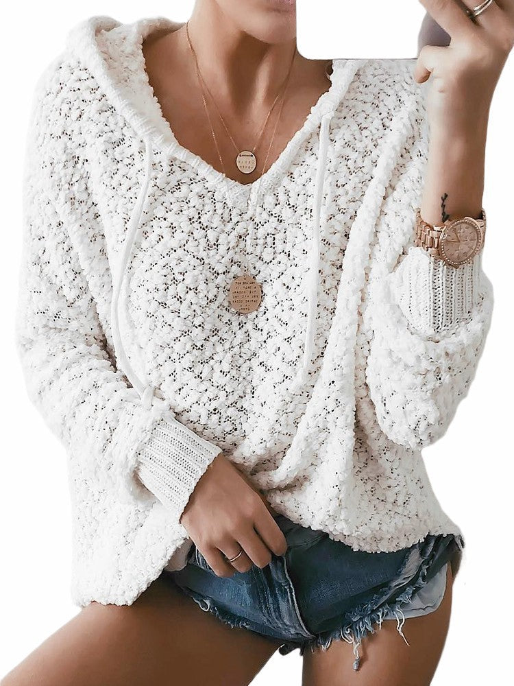 Damen Strickpullover Kapuze Luftig Grau Eveloria