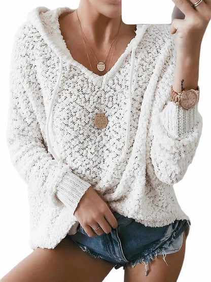 Damen Strickpullover Kapuze Luftig Grau Eveloria
