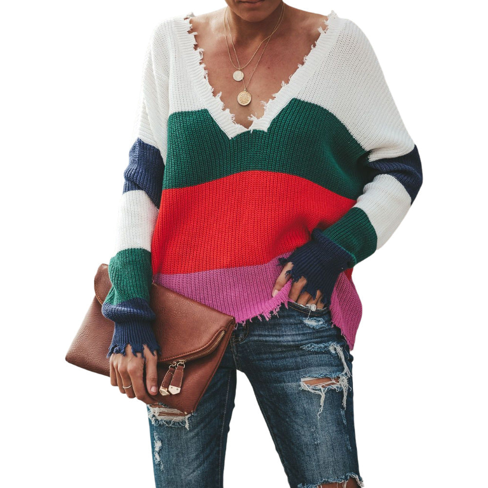 Damen Strickpullover Lässig V-Ausschnitt Streifenmuster