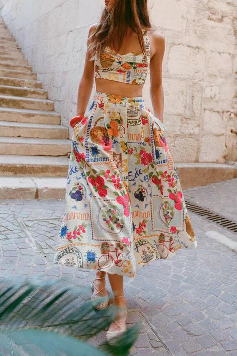 Eveloria Damen Zweiteiliges Set Floralprint Rüschen Quadratausschnitt