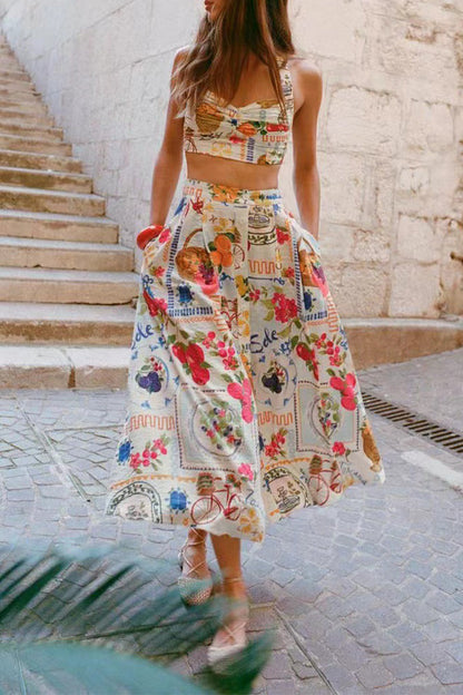 Eveloria Damen Zweiteiliges Set Floralprint Rüschen Quadratausschnitt