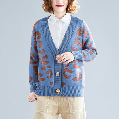 Damen Strickcardigan Leopardenmuster Groß Knöpfe Beige