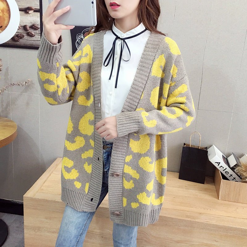 Damen Strickcardigan Leopardenmuster Groß Knöpfe Beige