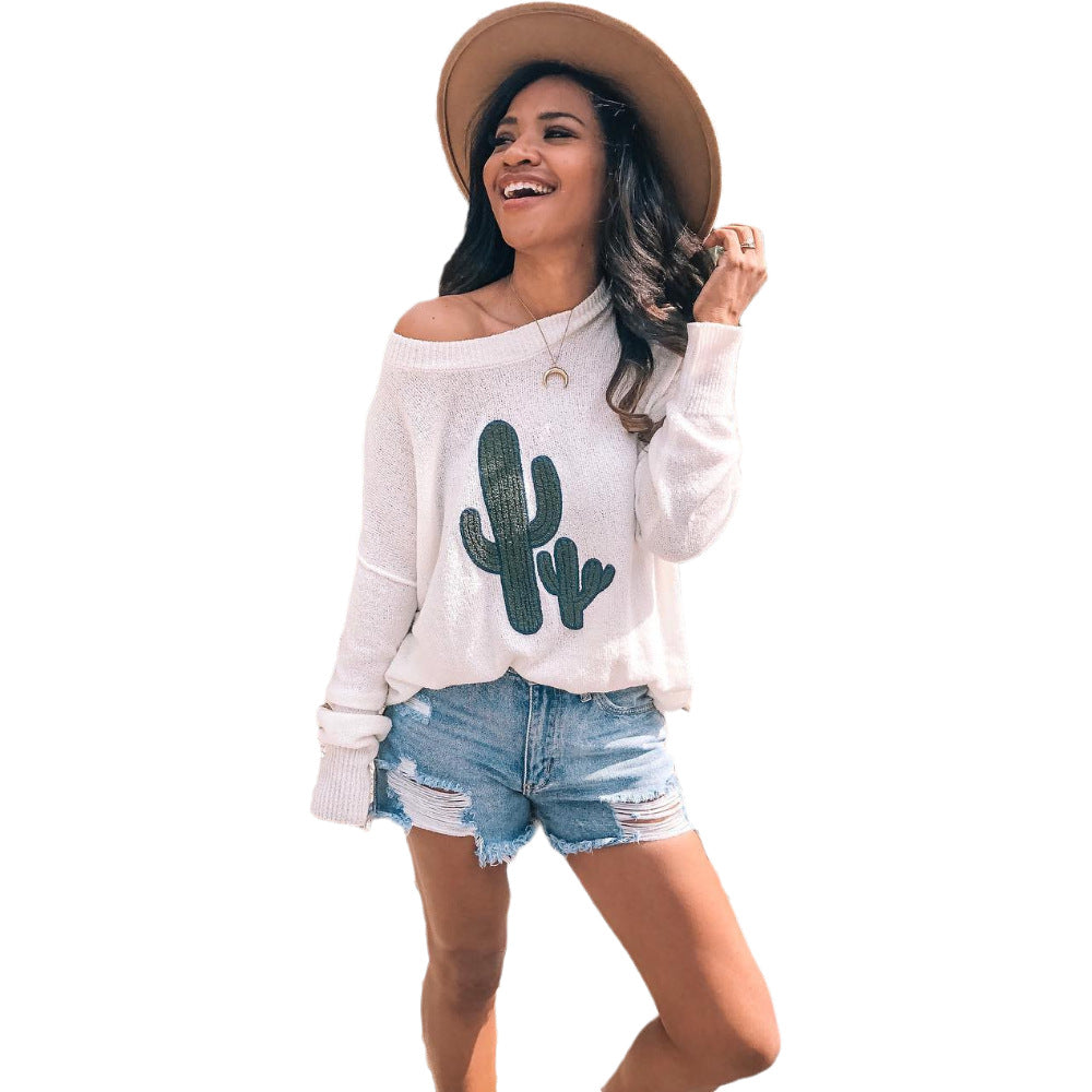 Damen Oversize Pullover Cactus-Design Rundhalsausschnitt Eveloria