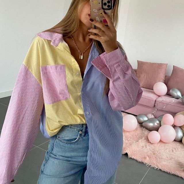Damen Oversize Bluse Mehrfarbig Streifen Reverskragen Baumwolle