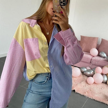 Damen Oversize Bluse Mehrfarbig Streifen Reverskragen Baumwolle