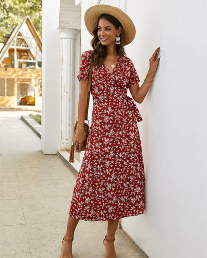Damen Maxikleid Florales Wickeldesign Eleganter Brustverschluss