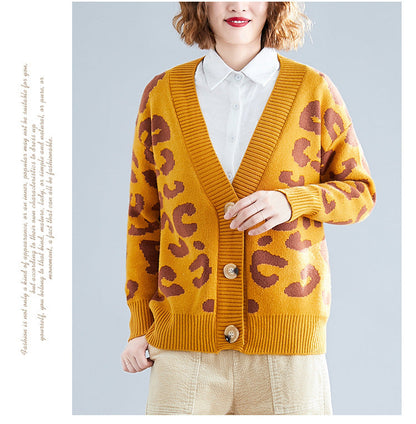 Damen Strickcardigan Leopardenmuster Groß Knöpfe Beige