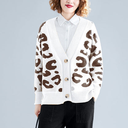 Damen Strickcardigan Leopardenmuster Groß Knöpfe Beige - Eveloria