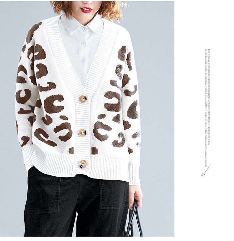Damen Strickcardigan Leopardenmuster Groß Knöpfe Beige