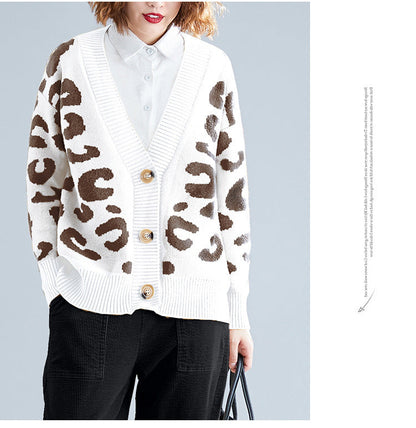 Damen Strickcardigan Leopardenmuster Groß Knöpfe Beige
