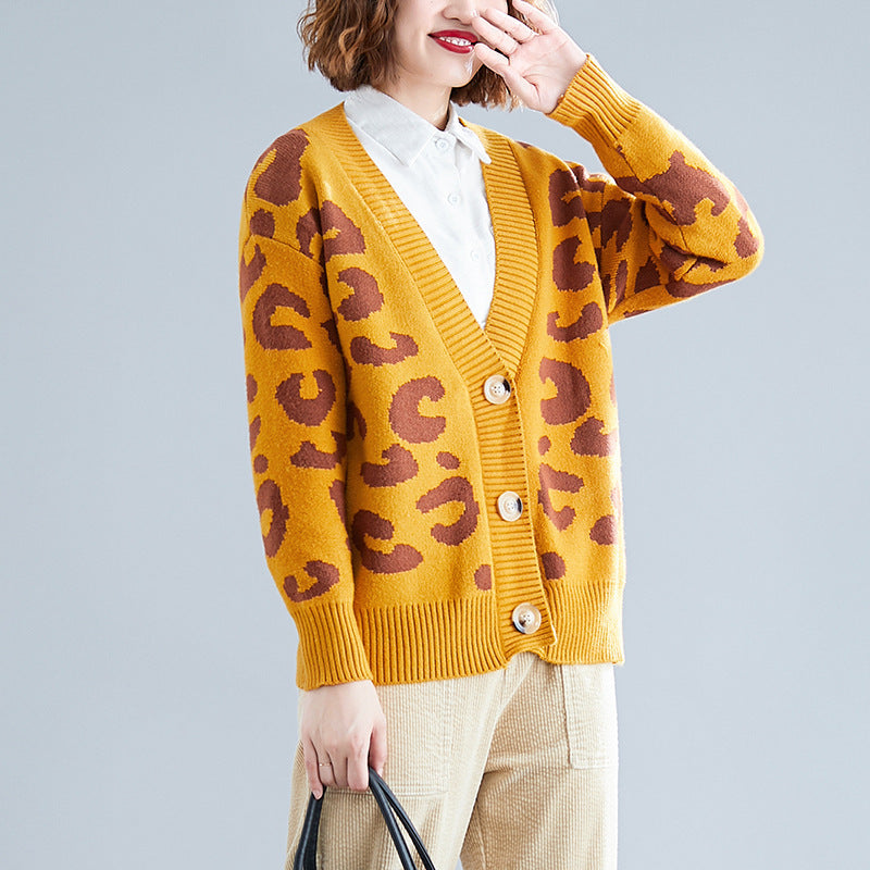 Damen Strickcardigan Leopardenmuster Groß Knöpfe Beige