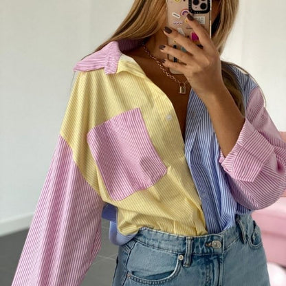 Damen Oversize Bluse Mehrfarbig Streifen Reverskragen Baumwolle
