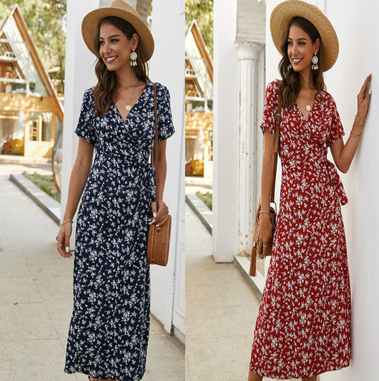 Damen Maxikleid Florales Wickeldesign Eleganter Brustverschluss - Eveloria
