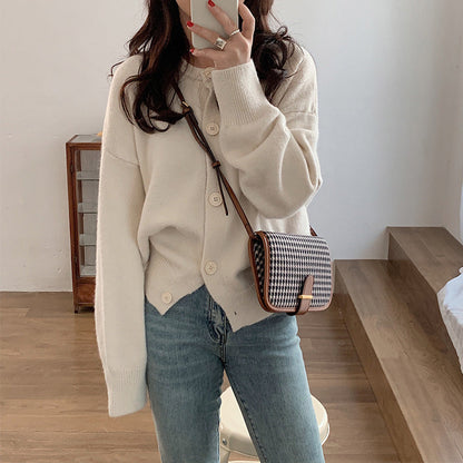 Damen Strickjacke Weich Dekorative Knöpfe Beige