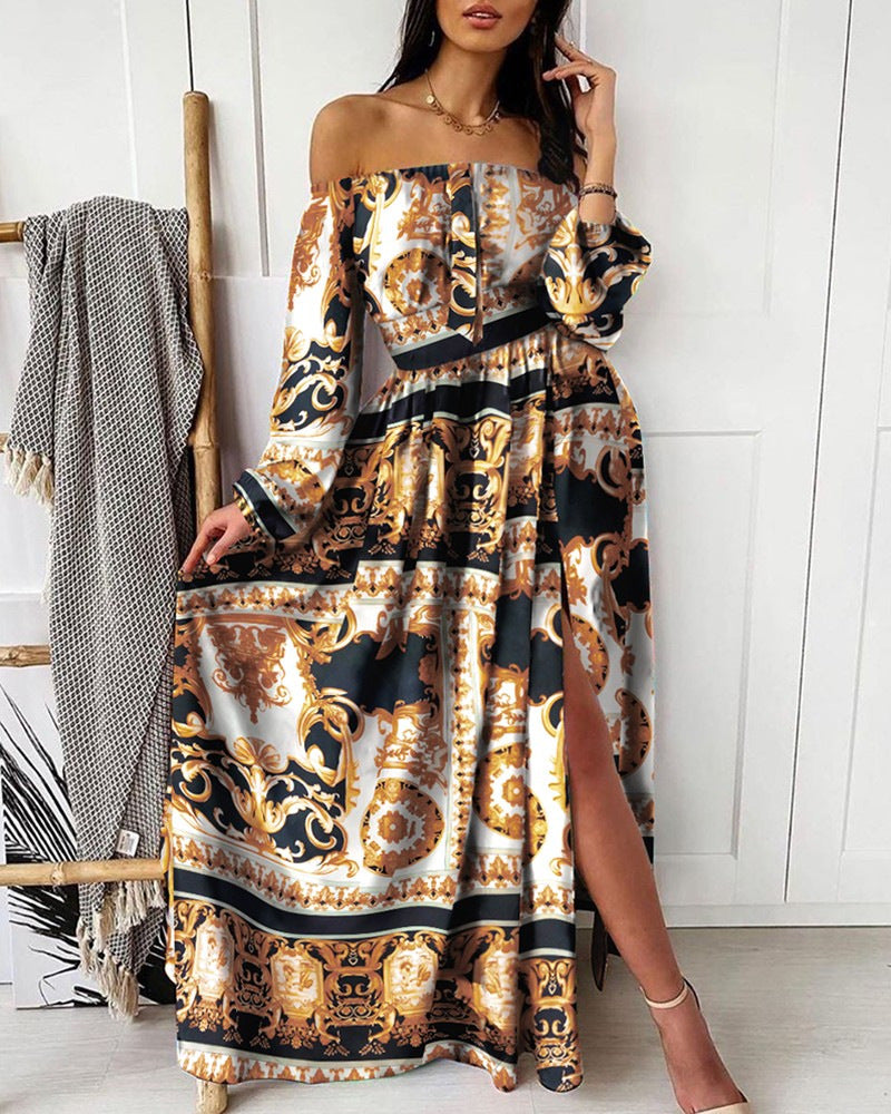 Damen Maxikleid Schulterfrei Elegant Print