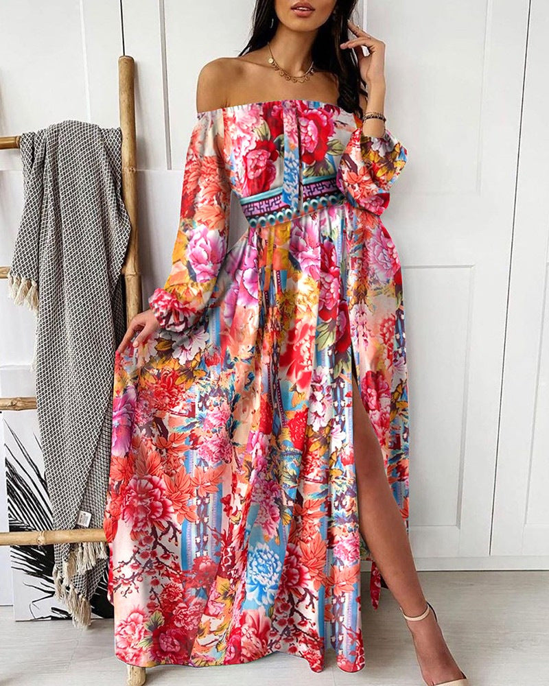 Damen Maxikleid Off-Shoulder Plissee Hochschlitz Eveloria