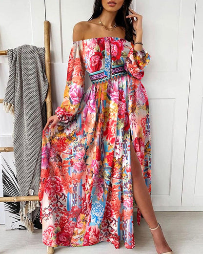 Damen Maxikleid Off-Shoulder Plissee Hochschlitz Eveloria