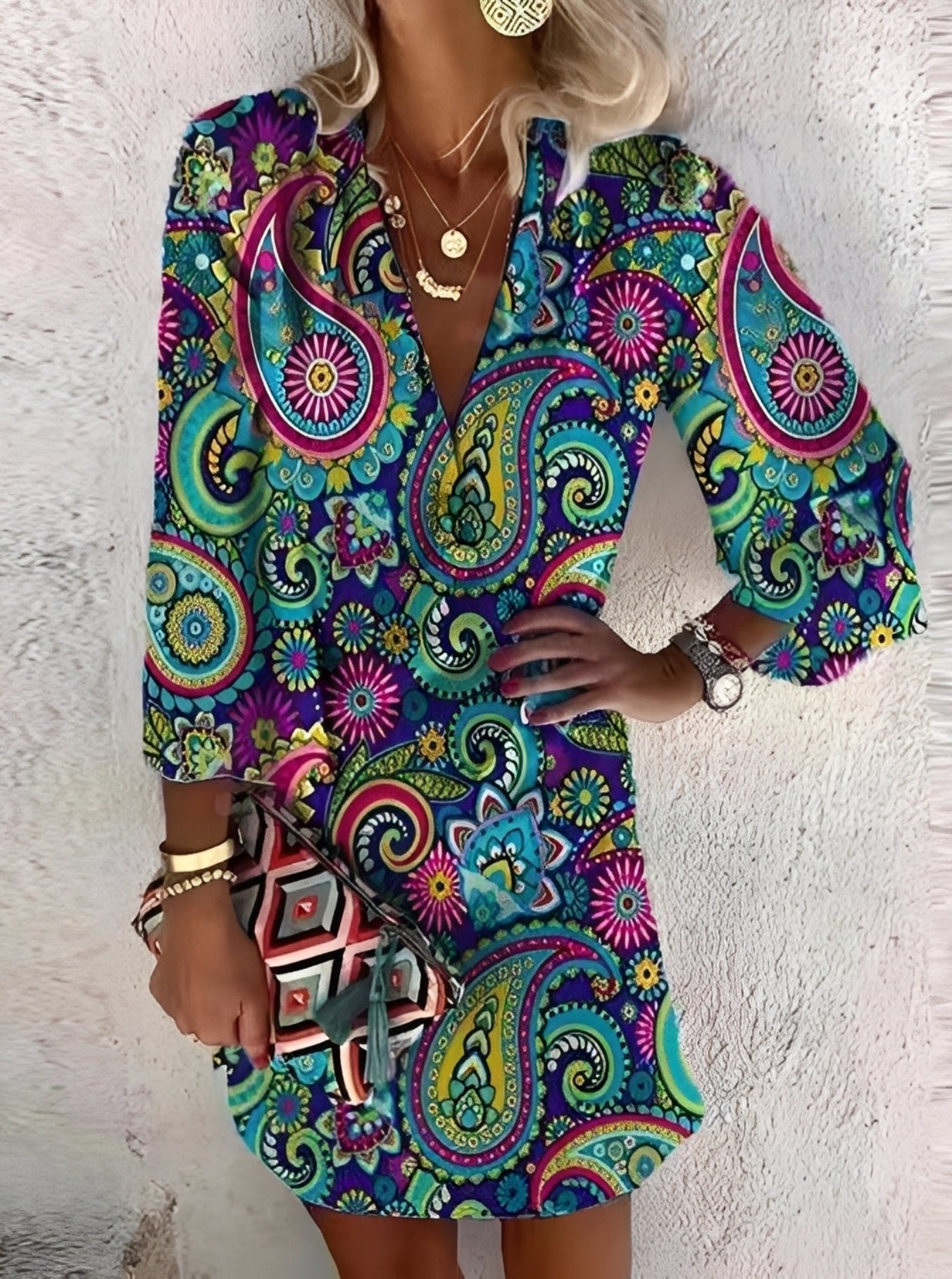 Damen Minikleid Boho-Stil Leicht Sommerlook Mehrfarbig
