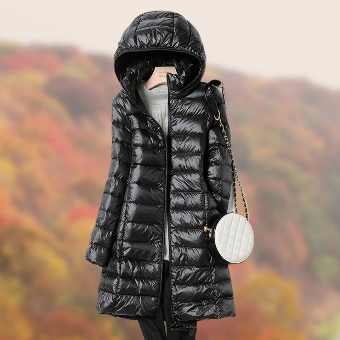 Damen Steppjacke Lang Glänzend Mit Kapuze