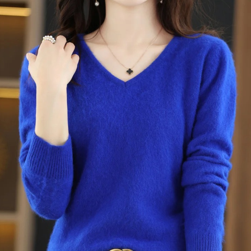 Damen Pullover V-Ausschnitt Leichter Weicher Strick