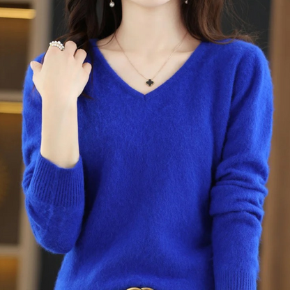 Damen Pullover V-Ausschnitt Leichter Weicher Strick