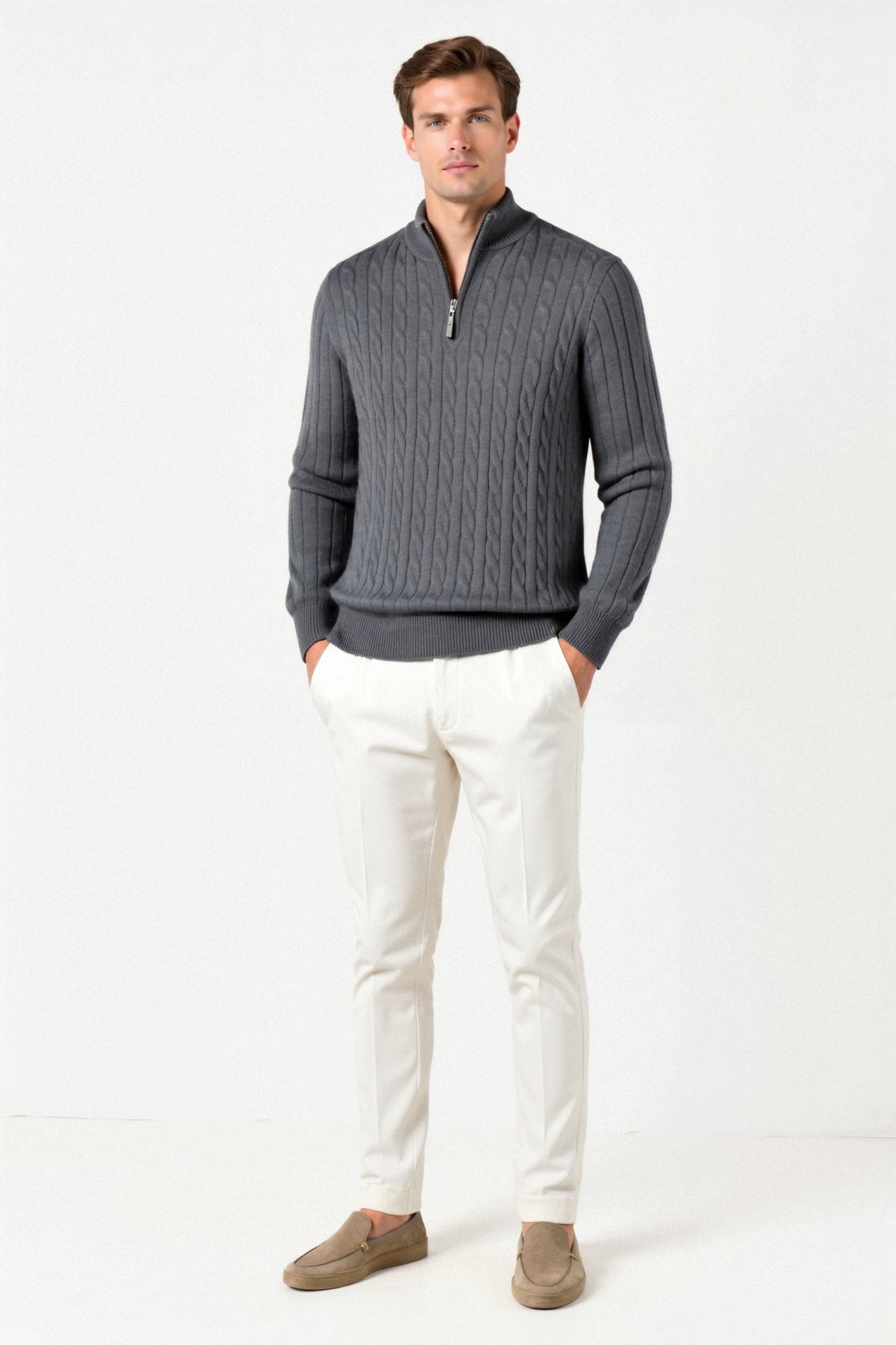 Eleganter Damen Zopfstrick Pullover Mit Reißverschluss