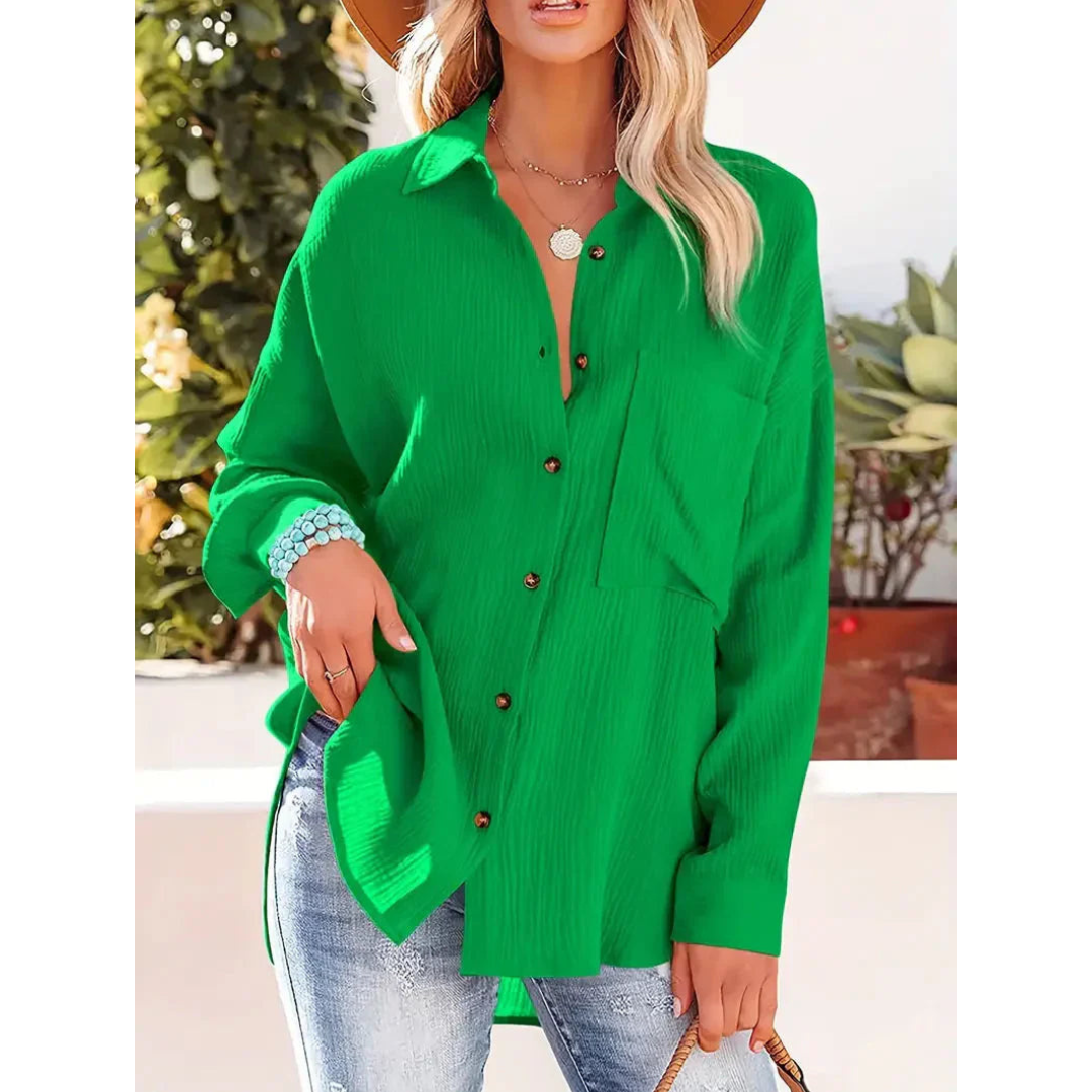 Damen Bluse Unifarbe Knopfleiste Hemdkragen Elegante Langarmbluse