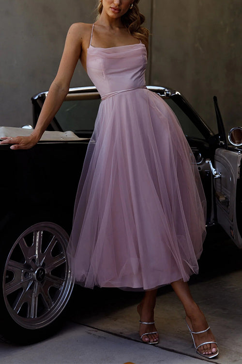 Eveloria Damen Tüllkleid Offener Rücken Tailliert Midi