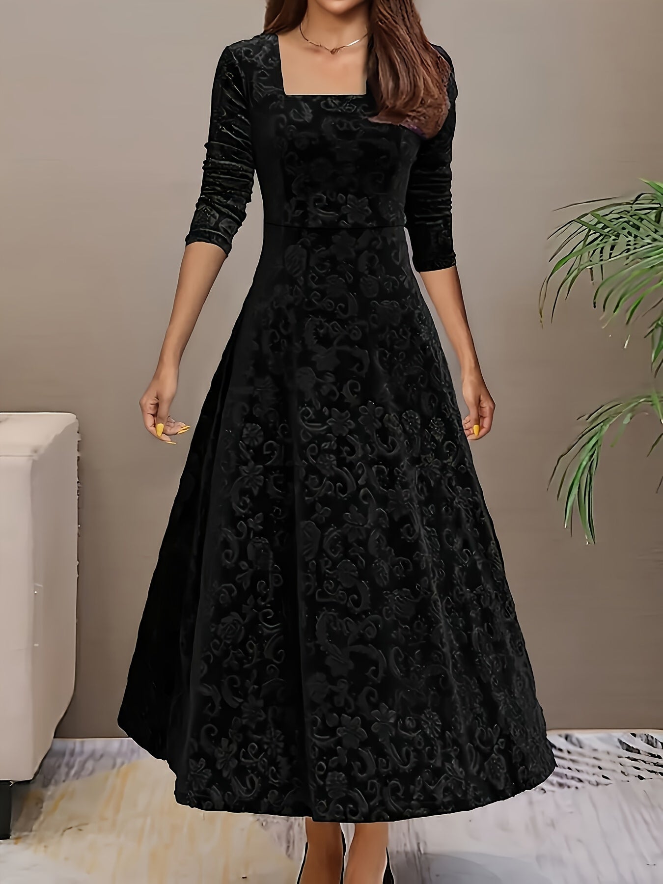 Damen Samt-Kleid Floralmuster Formell