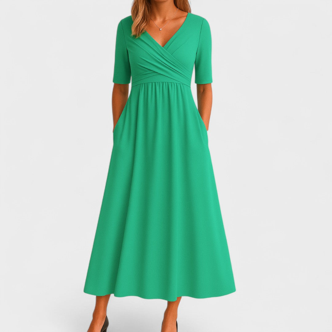 Damen Maxi Kleid V-Ausschnitt Kurzarm
