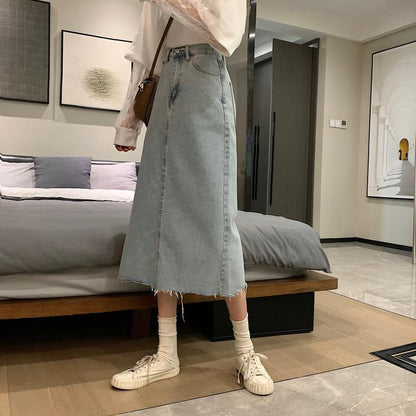 Damen Denim-Midi-Rock mit Fransen Saum Blau