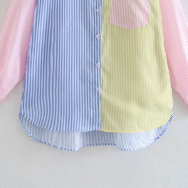 Damen Oversize Bluse Mehrfarbig Streifen Reverskragen Baumwolle