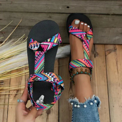 Jacqueline Damen Flache Freizeitsandalen Bedruckte Riemen