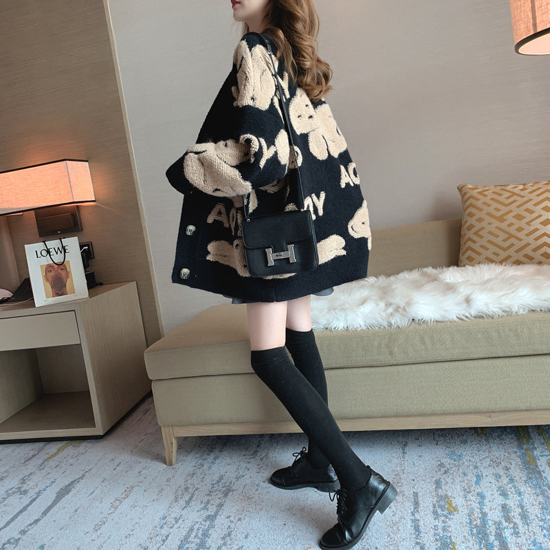 Damen Strickjacke mit Motiv und großen Taschen