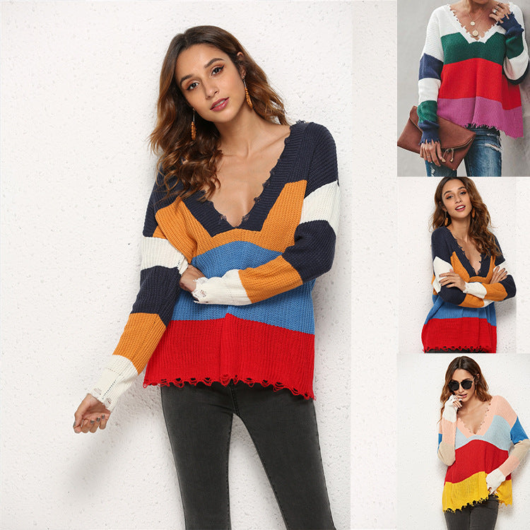 Damen Strickpullover Lässig V-Ausschnitt Streifenmuster Schwarz - Eveloria