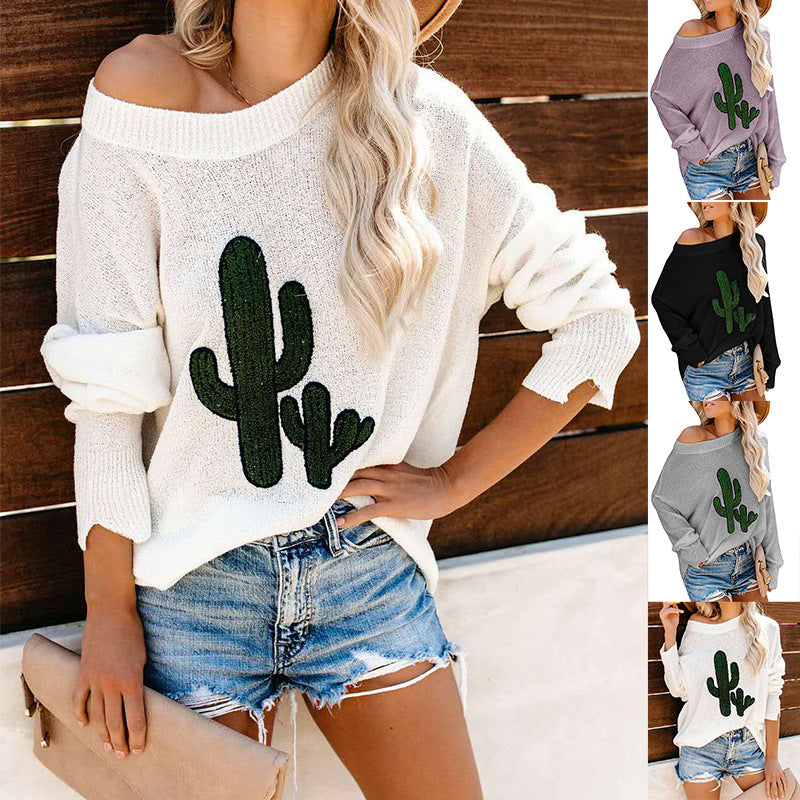 Damen Oversize Pullover Cactus-Design Rundhalsausschnitt Eveloria - Eveloria