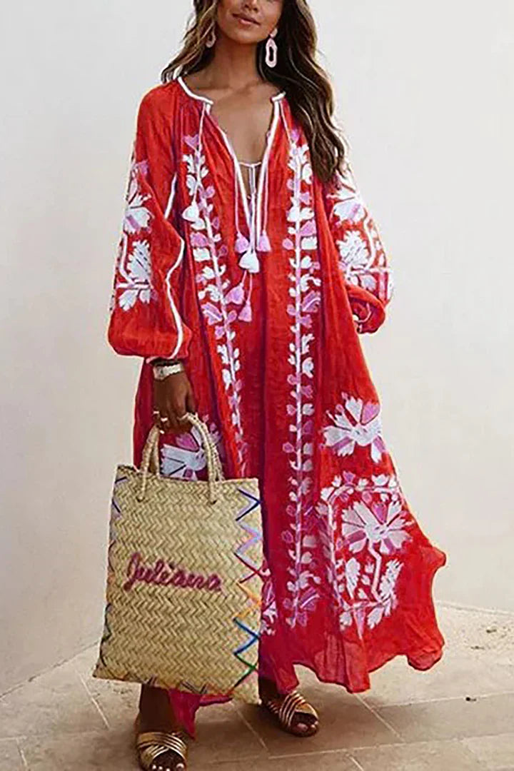 Damen Langkleid Boho-Stil Blumendruck