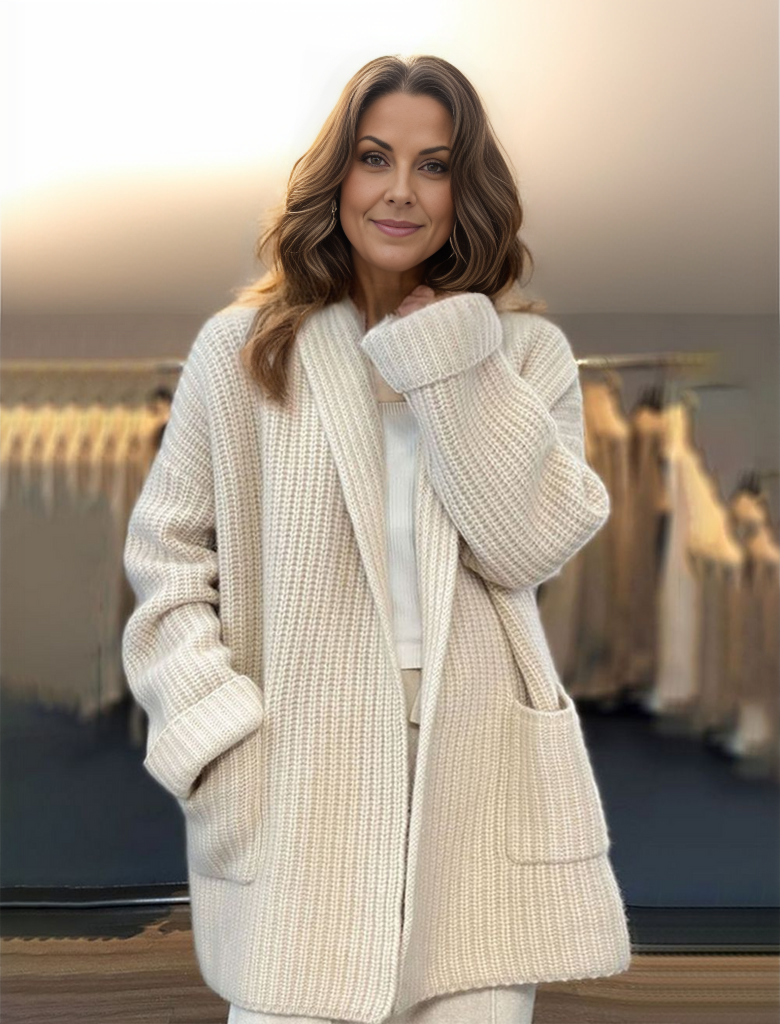 Damen Strickjacke Lang Langhaarig Braun Beige - Eveloria