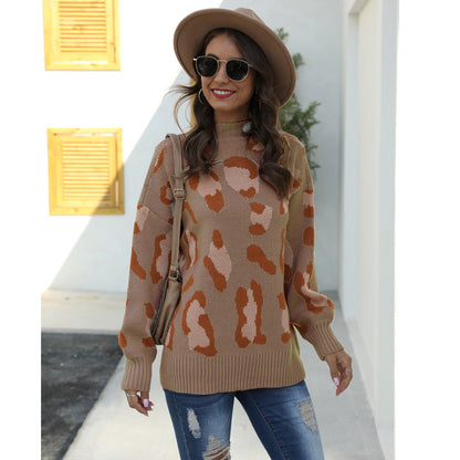 Damen Pullover Tierprint Hochkragen Grau Eveloria