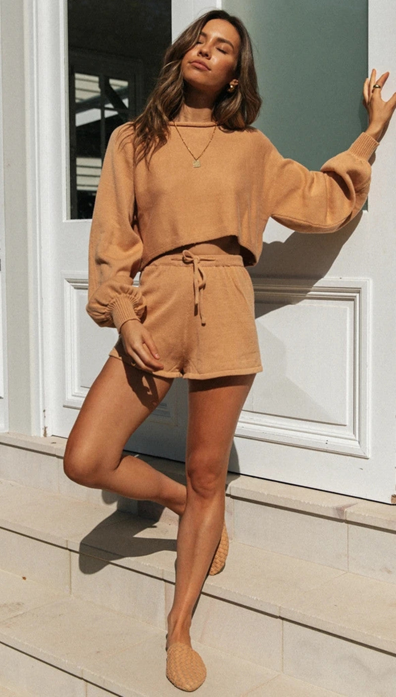 Damen Freizeit-Set Cropped Pullover und Shorts Grau