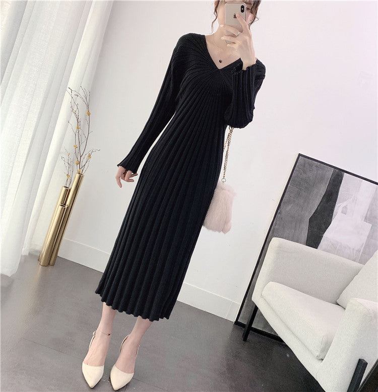 Damen Langkleid Plissiert V-Ausschnitt Eveloria