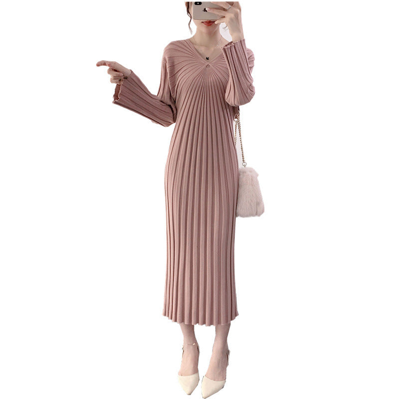 Damen Langkleid Plissiert V-Ausschnitt Eveloria