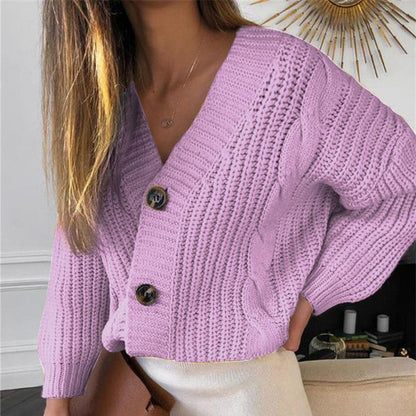 Damen Cardigan Grobstrick V-Ausschnitt Knöpfe Beige