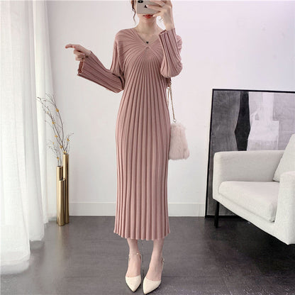 Damen Langkleid Plissiert V-Ausschnitt Eveloria