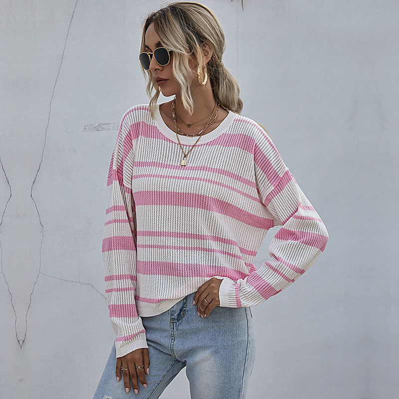 Damen Strickpullover locker mit modischen Streifen Eveloria