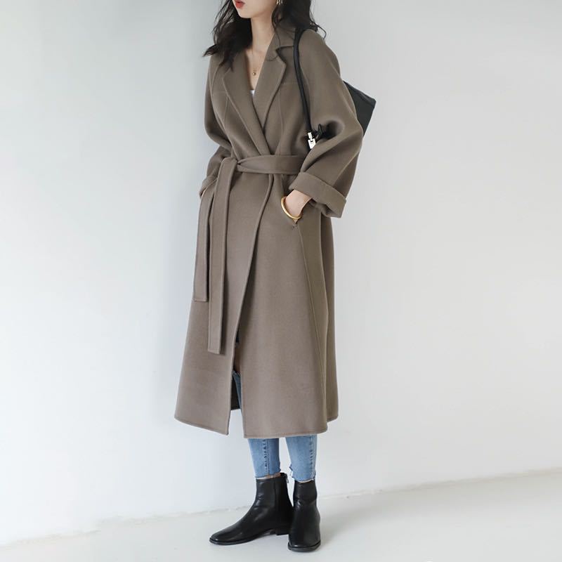 Damen Wollmantel Lang Gürtel Schwarz - Eveloria