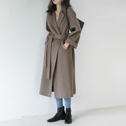 Damen Wollmantel Lang Gürtel Schwarz - Eveloria